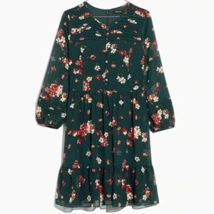 Madewell Sheer-Sleeve Pintuck Ruffle Dress NWT